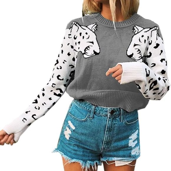Women's Long Sleeve Crew Neck  Animal Leopard Print Knit Pullover Sweater Gray - Picture 1 of 5
